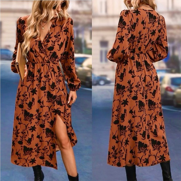 New Midi Floral Thigh Split Brown Orange Rust Color Mix Dress Surplice V Neck - Picture 16 of 16